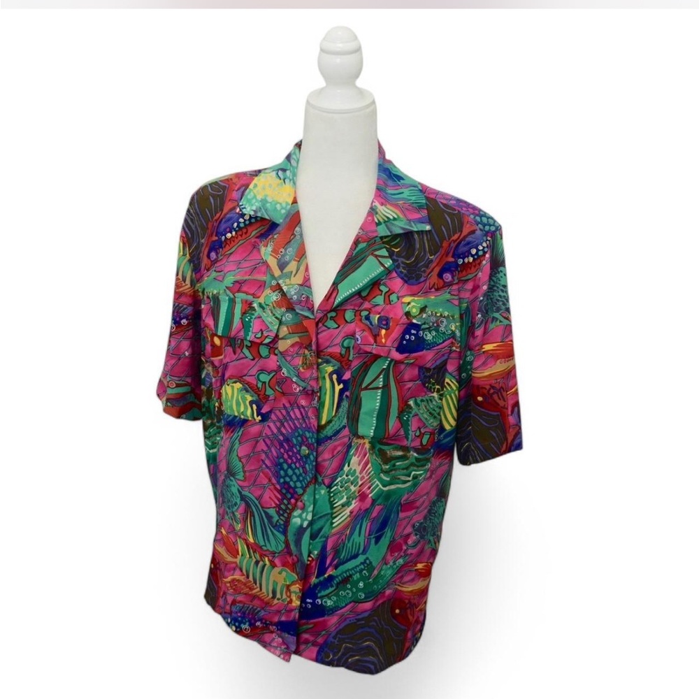 💜 VINTAGE ANN MAY Silk Print Button Down Top (S)